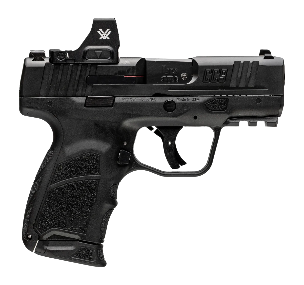 HK CC9 Optic Package 9mm 3.32" Barrel, DLC Black Finish, Front Tritium Sight, Vortex Defender CCW Red Dot Sight, 2 x10rd Mags