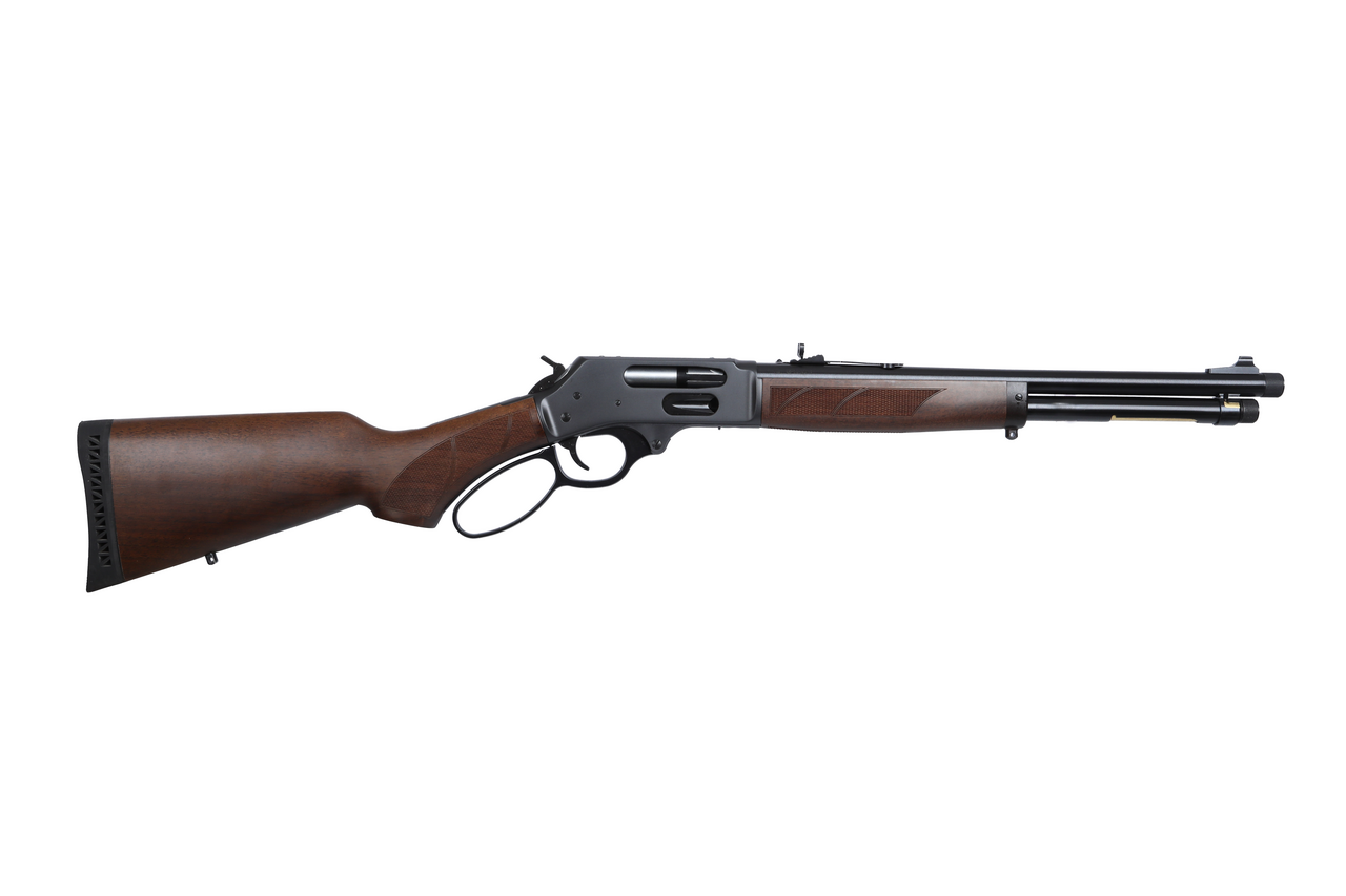 Henry H10 Protector Carbine 45-70 Government, 16.5" Threaded Barrel, Blued, American Walnut, Checkered, Adj Semi-Buckhorn, Diamond Insert, Brass Bead, 4rd