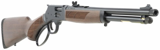 Henry H12 Protector Carbine 357 Magnum/.38 Special, 16.5" Threaded Barrel, Blued, American Walnut, Checkered, Adj Semi-Buckhorn Diamond Insert, Brass Bead Front, 7rd